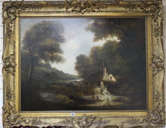 English School (19th century), River landscape with figures in the foreground 72 x 97cm